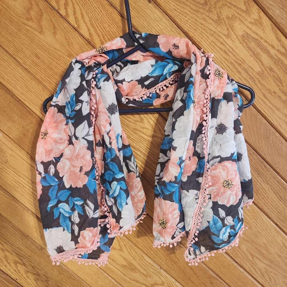 Aeropostale Floral Pink Blue And White Round Tassle Square Sheer Women's Scarf